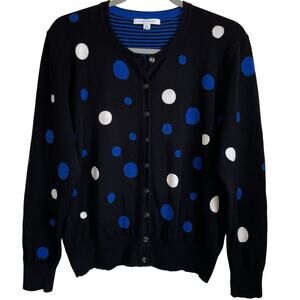 Foxcroft Cardigan Sweater Sz PXL Polka Dots Button Front Black Blue Whimsical